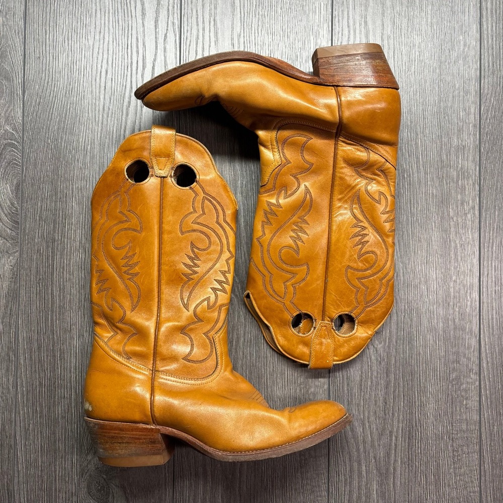 Boulet Mens Tan Leather Cowboy Boots Size 10 B Western Stitched Pull Holes 6852